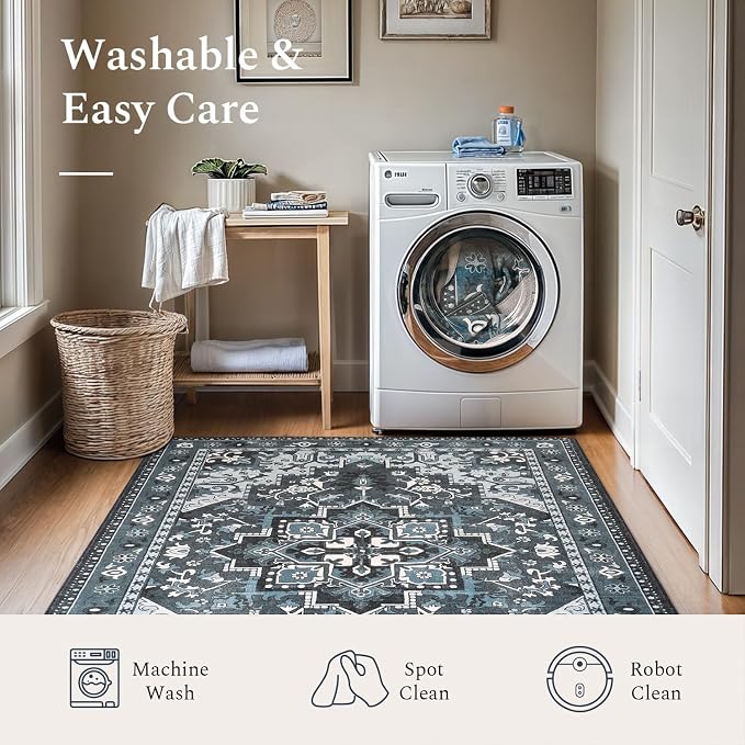 Rugflix 3x5 Area Rugs Machine Washable, Dark Navy Blue Carpet for Entryway, Oriental Indoor Area Rug Low Pile, Small Soft Thick Carpets Non Slip, Farmhouse Vintage Rug for Kitchen Laundry Room