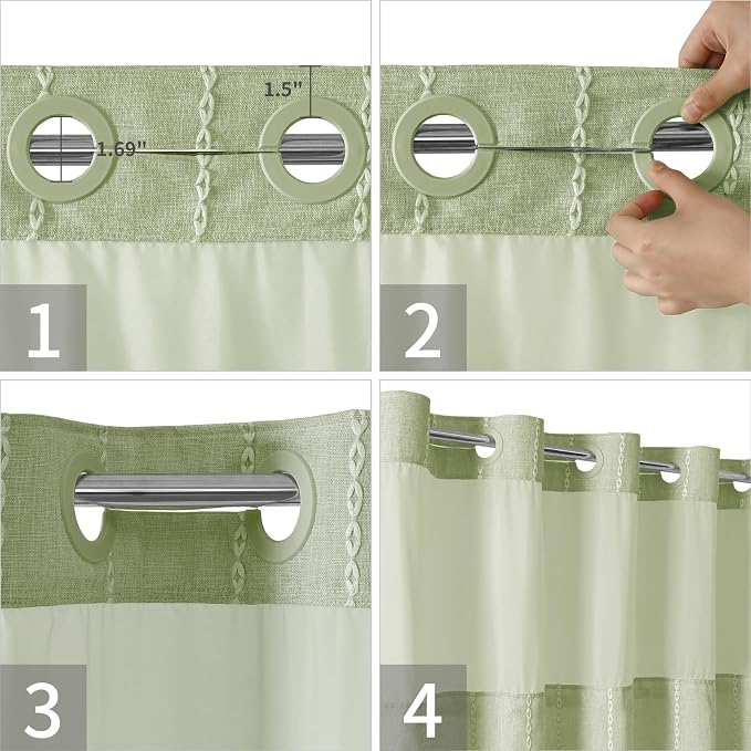 eachope No Hook Extra Long Shower Curtain Set with Snap-in Liner,Linen Textured Thick Striped Fabric with Tassels,Boho Chic Modern Farmhouse Bathroom Curtain,Water-Repellent,Sage Green,71x86