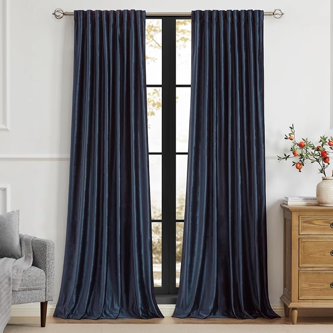 Navy Blue Blackout Velvet Curtains 108 inch for Living Room,Full Blackout 2 Panels Back Tab Deep Blue Thermal Insulated Room Darkening Liner Curtain Noice Reducing Soundproof Window Drapes for Bedroom