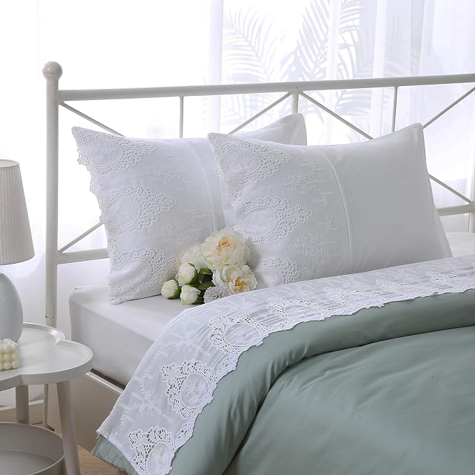 2-Pack White Battenburg Lace Pillow Shams Hollowed Out Lace Pillowcases French Luxury Elegant Look 100% Cotton Queen Size