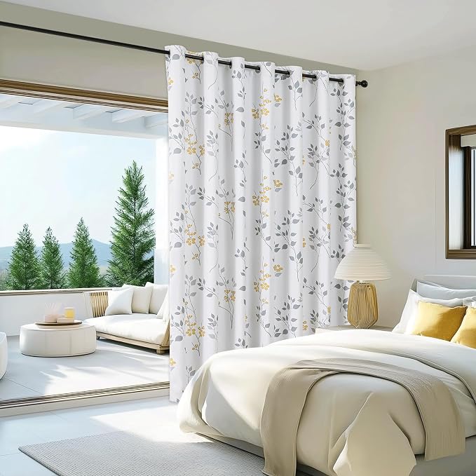 Beauoop Floral 100% Blackout Sliding Door Curtains Yellow Grey 100x84 1 Set | Flower Patterned Yellow White Room Darkening Patio Curtains Extra Wide Room Divider Drapes Thermal Window treatment Grommet