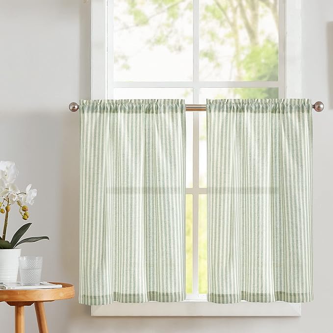 Vangao Green Stripe Linen Tiers Curtains 24 Inch Farmhouse 2 Panels | Light Filtering, Semi Sheer, for Kitchen, Living room, Tickingstripe Drapes, Pinstripe, Window Treatments