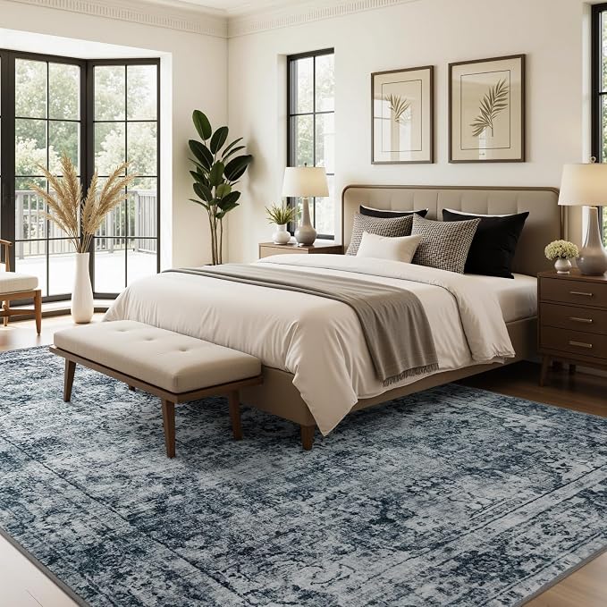 Joydeco 4x6 Area Rugs for Living Room, Non Slip Machine Washable Vintage Rug, Low Pile Chenille Print Rugs for Bedroom, Dining Room, Home Office, Pet & Child Friendly, Light Grey