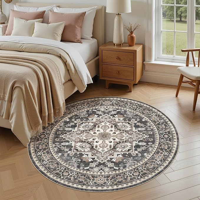 8ft Round Area Rug: Washable Vintage Neutral Soft Non Slip Thin Large Floor Carpet for Living Room Bedroom Kitchen Dining Room Home Office Farmhouse Indoor - Black