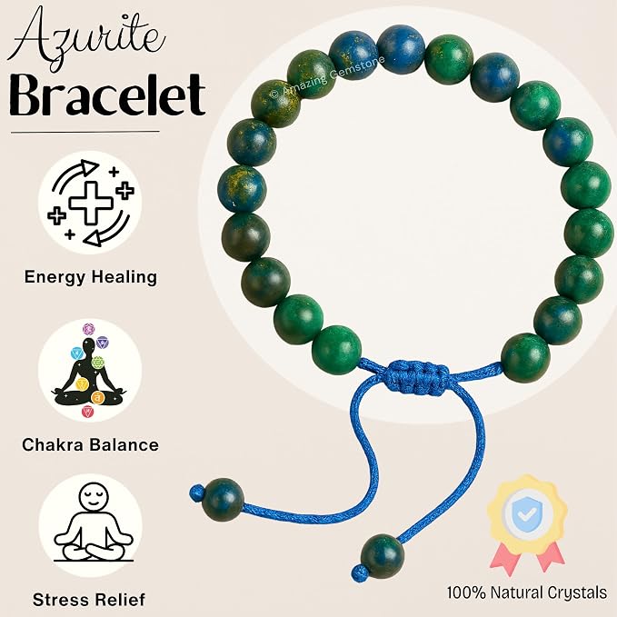 Amazing Gemstone Azurite Bracelet for Women Men's Gifts - Protection Healing Crystal Bracelet - 8mm Gemstone Beaded Adjustable Bracelet Pulseras para Hombres Mujer Stocking Stuffers
