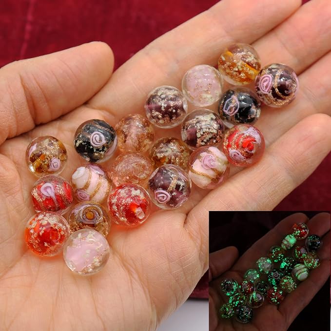 Artsy Crafts 60 Pcs Assorted Glow in The Dark Firefly Beads 12mm European Lampwork Luminous Glass Beads for Jewelry Making Charm Bracelet Necklace Earrings Crafts (Red Series 60pcs)