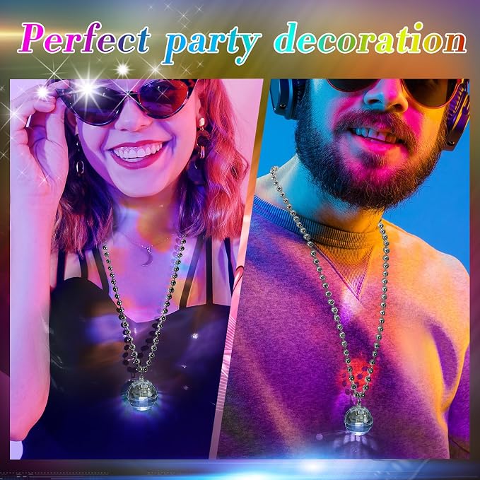 Sasylvia 12 Pcs LED Disco Ball Necklaces Light up Bead Necklaces 70s Disco Party Favors Glow in The Dark Bead Jewelry Costume Accessories for New Year Party Dance Supplies(Silver, White)