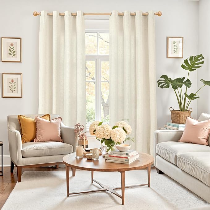 YoungsTex Beige Linen Curtains 84 Inches Long 2 Panels for Living Room, Light Filtering Semi Sheer Drapes with Grommet No See Through Privacy Window Treatments for Bedroom, 52 X 84 Inch