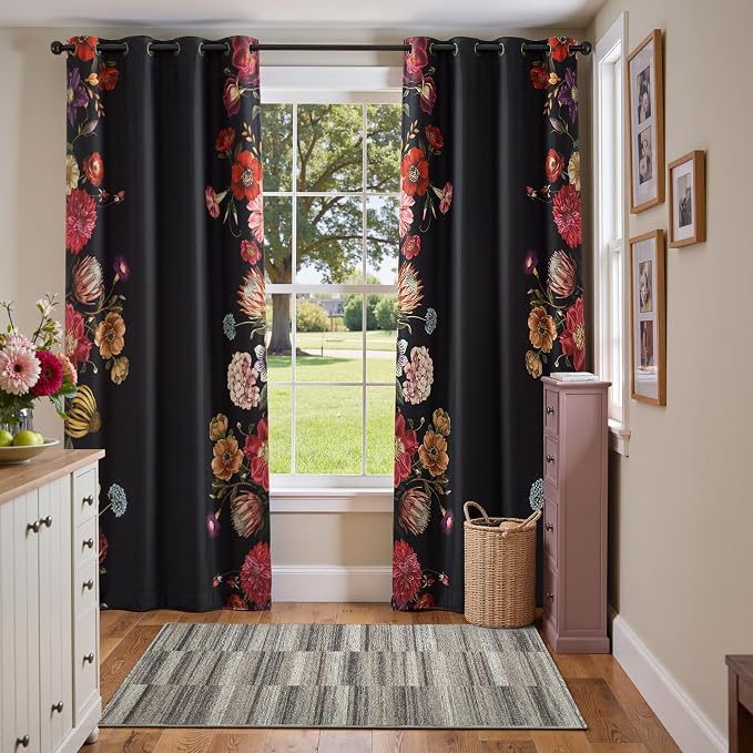 jinchan Black Floral Blackout Curtains 84 Inch Vintage Grommet 2 Panels | Room darkening, privacy, vibrant flower print, retro boho bohemian drapes, bedroom, living room, fall decor, window treatment
