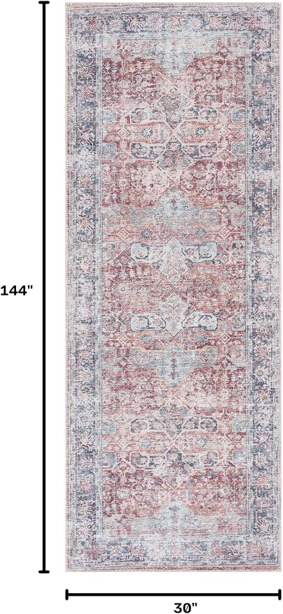 Bloom Rugs Caria Washable Non-Slip 12 ft Runner - Brick/Dark Blue Traditional Runner for Entryway, Hallway, Bathroom, and Kitchen - Exact Size: 2'6" x 12'