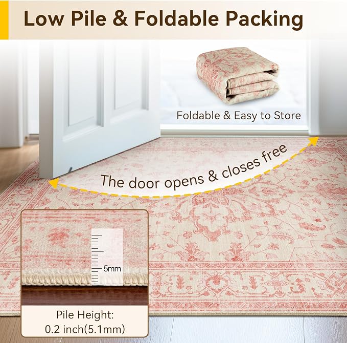RELEANY Area Rugs Runner 2'x6' Washable Non-Slip, Floral Vintage Distress Medallion Carpet for Kitchen Hallway Bedroom Beside Laundry Room Bathroom, Pink Light Vintage Pink