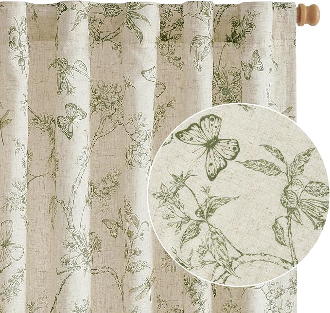 Lazzzy Charlotte Green Floral Lined Linen Farmhouse Curtains 84 Inch Long Back Tab Drapes for Living Room Bedroom Light Filtering Vintage Rod Pocket, 2 Panels, Green on Beige