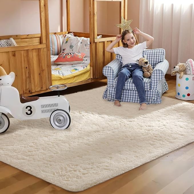 Ophanie Rugs for Living Room, Upgrade Non-Slip Fluffy Soft 5x8 Area Rug, Shag Large Fuzzy Plush Carpets for Bedroom Ivory, Shaggy Kids Dorm Home Decor with Over 99 pcs Pile fibers