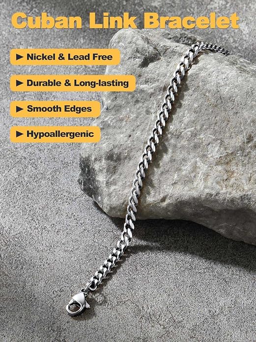 U7 Link Bracelets for Men, Cuban Link/Rope/Watch Band Solid Bracelet, Silver Black Gold Color Wrist Bracelet 3/6/9/12/15mm Width, 6.5/7.5/8.3 Inch Length, Hand Chain Jewelry for Mens Women