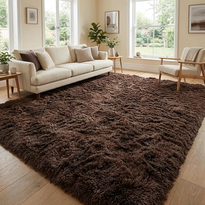Fluffy Rugs for Living Room: Coffee Brown Soft Shag Rug for Bedroom, Large Fuzzy Plush Indoor Carpet Non Slip Modern Rug for Nursery Kids Room Dorms Office Home Decor, 7x10 Feet