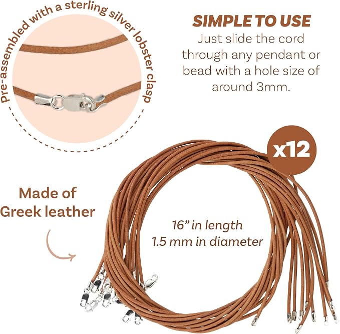 The Beadsmith Greek Leather Necklaces – Natural, 16” in Length, Assembled with Sterling Silver Lobster Clasp, 12-Pack