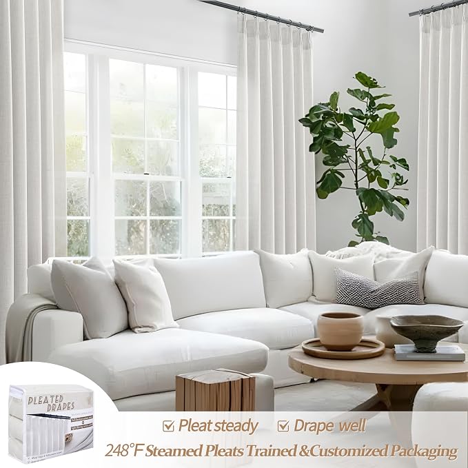 PleatedDrapes Linen Curtains 90 Inches Long 2 Panels Set, Light Filtering Luxury Curtains for Living Room/Sunroom Pinch Pleated Viral Heavy Duty Drapes Beige White Sheer Back Tab (W40 xL90)
