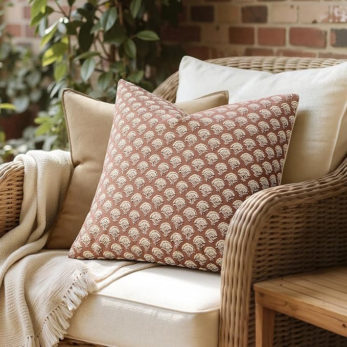 MIULEE Set of 2 Decorative Floral Pillow Covers Neutral Vintage Throw Pillows Block Print Boho Farmhouse Cushion Covers for Modern Spring Home Decor Couch Sofa Bed Living Room, 18x18 Inch, Almond