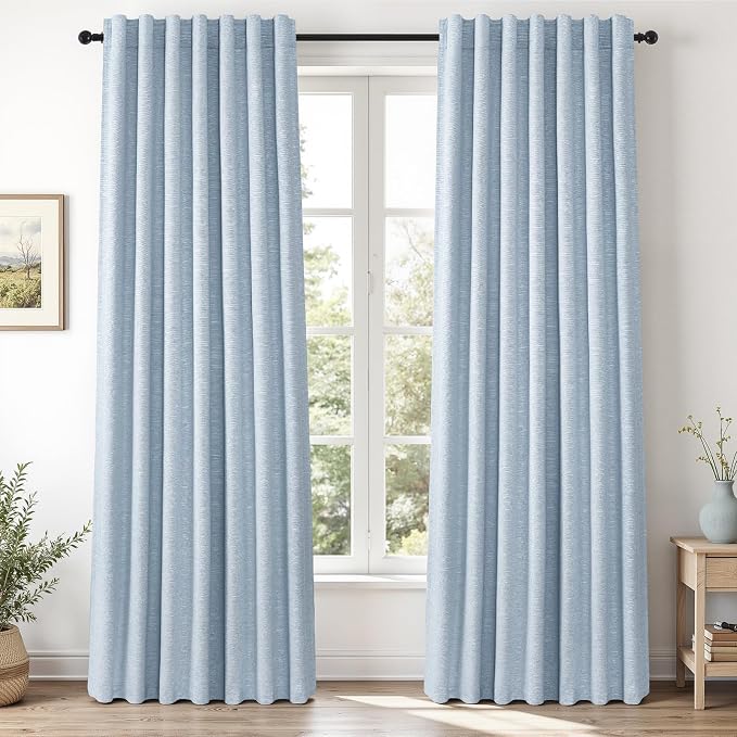 Topfinel Baby Blue 96 Inch Blackout Linen Curtains 2 Panel Set for Living Room Darkening Thick Linened Textured 100% Black Out Drapes 96 Inches Long Therm Insulated Light Blocking Bedroom Back Tab