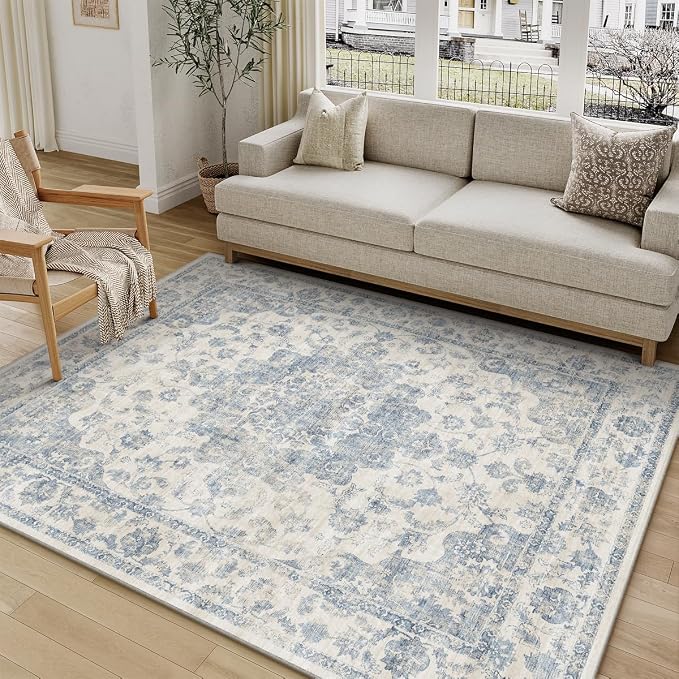 5x7 Blue Neutral Area Rug | Washable, Non Slip, Soft Low Pile, Vintage Farmhouse, for Living Room Bedroom Dining Room Office Indoor Home Decor