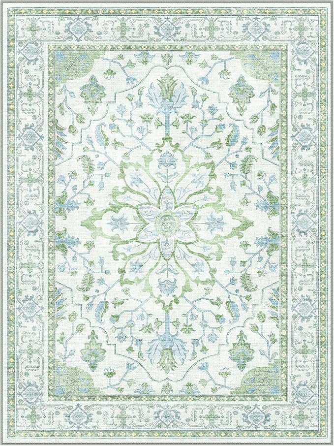 RELEANY Area Rugs 5'x8' Washable Non-Slip, Floral Vintage Distress Medallion Carpet for Living Room Bedroom Dining Room, Green White Blue