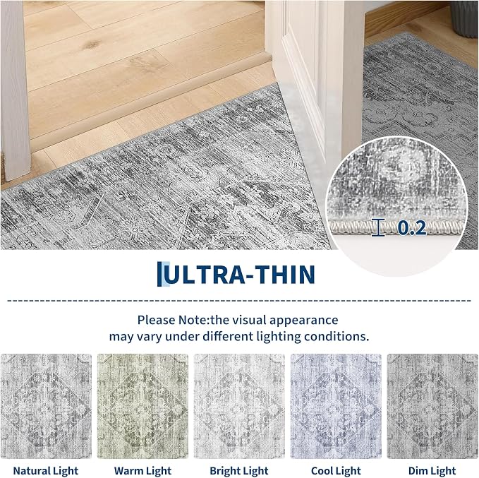 Garvee Grey 8x10 Area Rugs for Living Room, Boho Vintage Non-Slip Washable Rug Low Pile Stain Resistant Soft Foldable Large Carpet for Bedroom Dining Home Decor