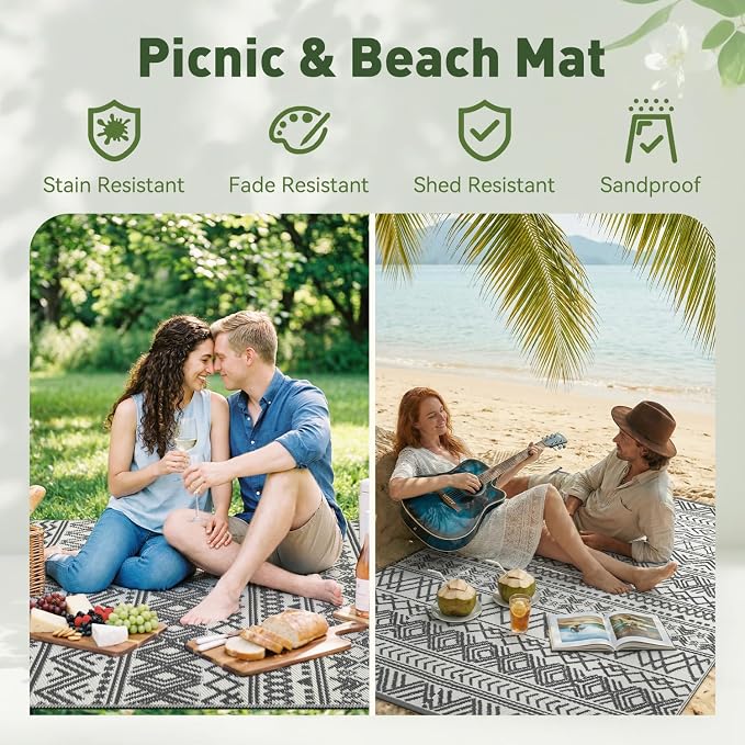 MontVoo Outdoor Rug 8x10 Waterproof Outdoor Patio Rug Mat Reverisble Plastic Straw Outdoor Rug for RV Camping Picnic Beach Balcony Boho Grey