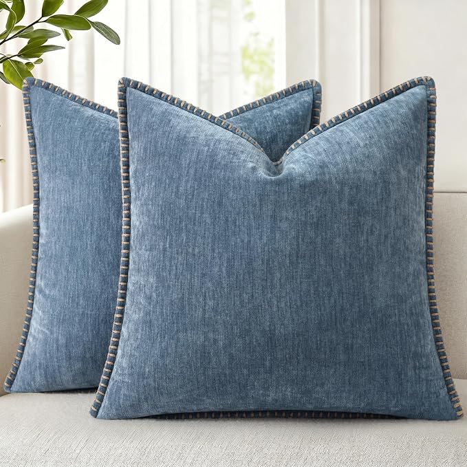 decorUhome Soft Chenille Throw Pillow Covers 22x22 Set of 2 Haze Blue | Fall Textured Decorative Throw Pillow Cases Stitched Edge Modern Farmhouse Luxury Boho Velvet for Couch Sofa Bed Home Decor
