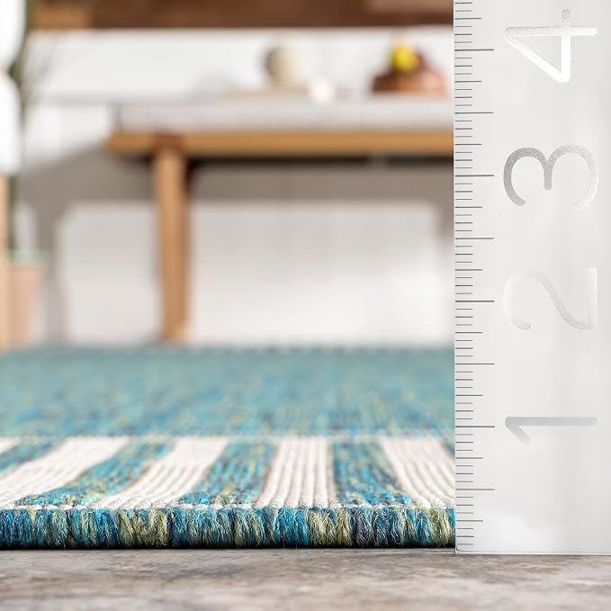 Nuloom Asha Teal/Ivory, 6'7" x 9', Casual, Striped Border, Soft and Cozy, High Traffic, Easy Clean, Durable Area Rug for Indoor/Outdoor Patio, Deck, Porch, Garden, Courtyard
