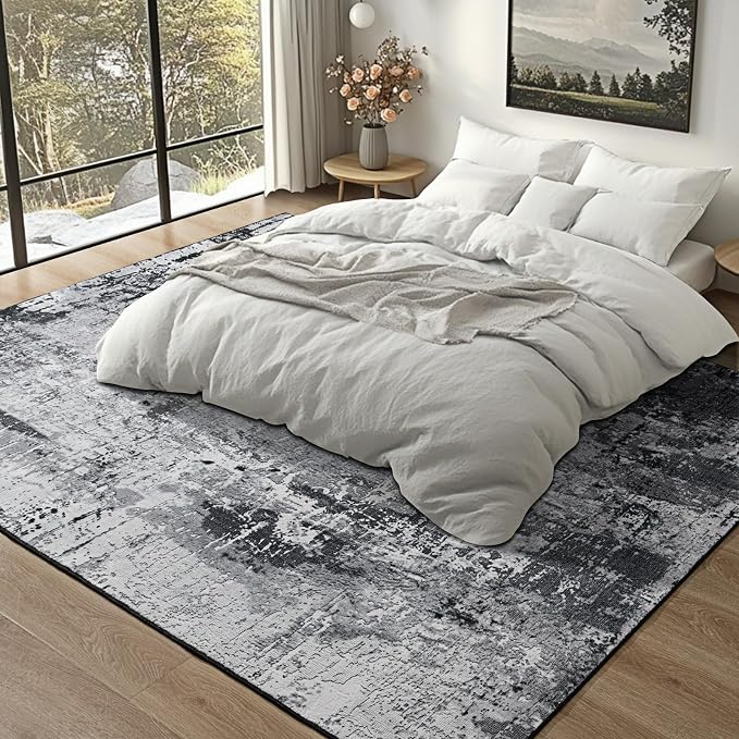 Area Rug Living Room Rug, 5x7 Modern Abstract Washable Rug Black Non Slip Foldable Faux Wool Vintage Carpet, Fluffy Non-Shedding Rugs for Living Room, Bedroom, Dining Room, Kids Playroom