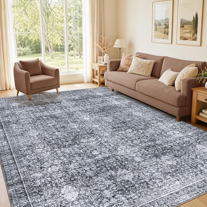 Sasttie 4x6 Area Rug, Ultra-Soft Washable Rug, Low Pile Foldable Thin Carpets with Non-Slip Backing, Skin-Friendly Stain Resistant Carpet for Living Room, Bedroom, Kitchen, Dorm, 4x6, Black Grey