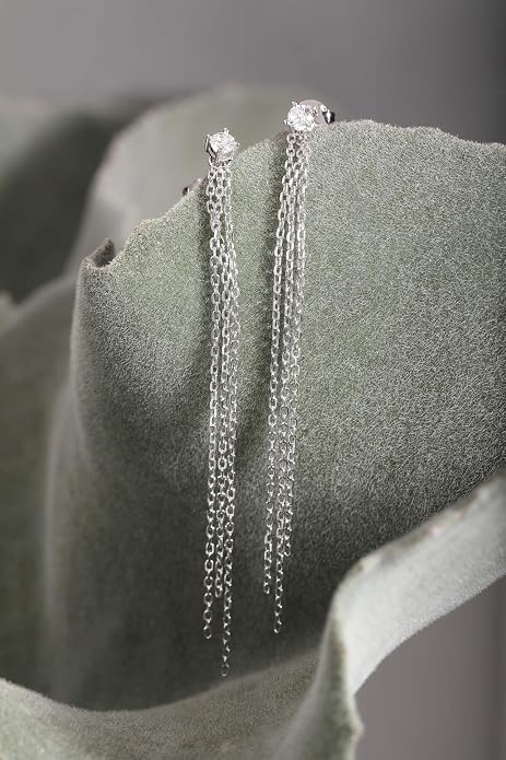 S.Leaf S925 Sterling Silver Threader Chain Earrings 18K Gold Plated Cubic Zirconia Dainty Dangle Double Piercing Long Drop Dangly Pull Through Tassel Chain Earrings Gifts for Women