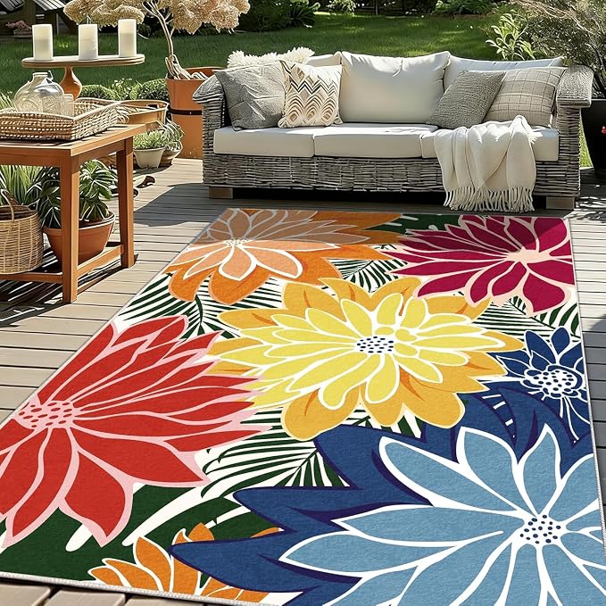 ZonLi Colorful Outdoor Rug 6x9Ft Waterproof Multicolored Indoor Area Rug Washable Outdoor Patio Rugs Tropical Floral Non Slip Outdoor Carpet for Living Room, Pool,Backyard,Deck,Camping
