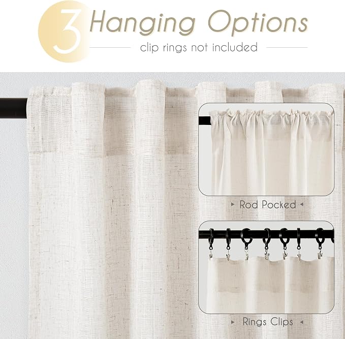 Cream Natural Linen Curtains 90 inch Length 2 Panels Set Neutral Rustic Farmhouse Living Room Drapes Back Tab Pleated Look Light Filtering Semi Sheer Curtains 90 inches Long Ivory Colored 60x90