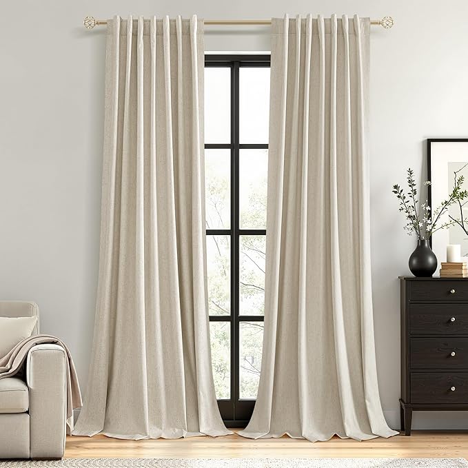 Guken 100% Blackout Linen Curtains for Bedroom 96 inches Long, Thermal Insulated Room Darkening Black Out Drapes for Living Room, Back Tab Rod Pocket 2 Panels Set,Taupe Burlywood,52x96