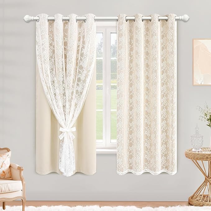Yinhua Blackout Curtains for Bedroom Double Layer Beige Curtains for Living Room 54 Inch Length 2 Panels Set Kid Curtain with Floral Sheer Overlay, Grommet Drapes with Tiebacks, 52" W x 54" L