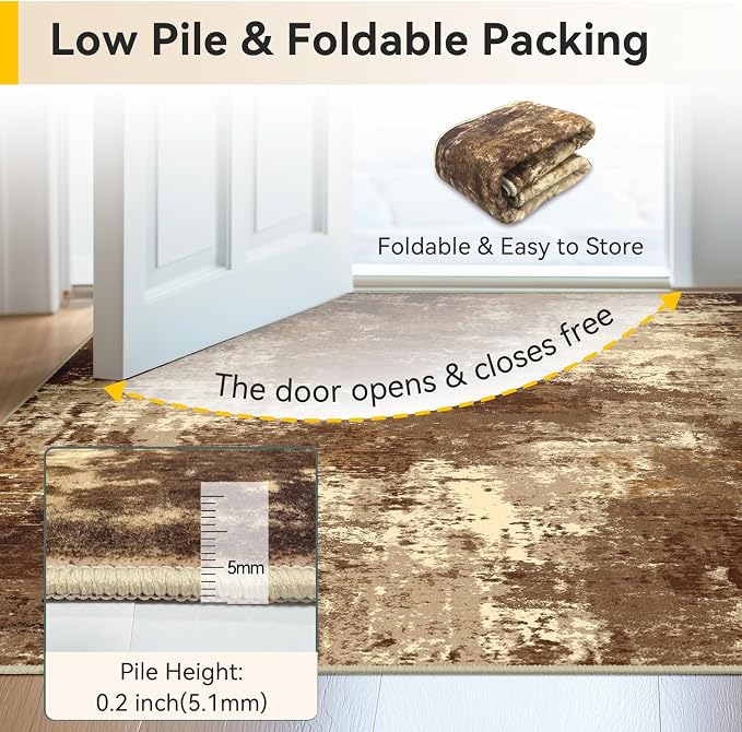 RELEANY Washable Area Rugs 2'x10' Non-Slip Modern Abstract Soft for Living Room Entryway Bedroom Kitchen, Print Pattern, Brown Tan Beige Coffee