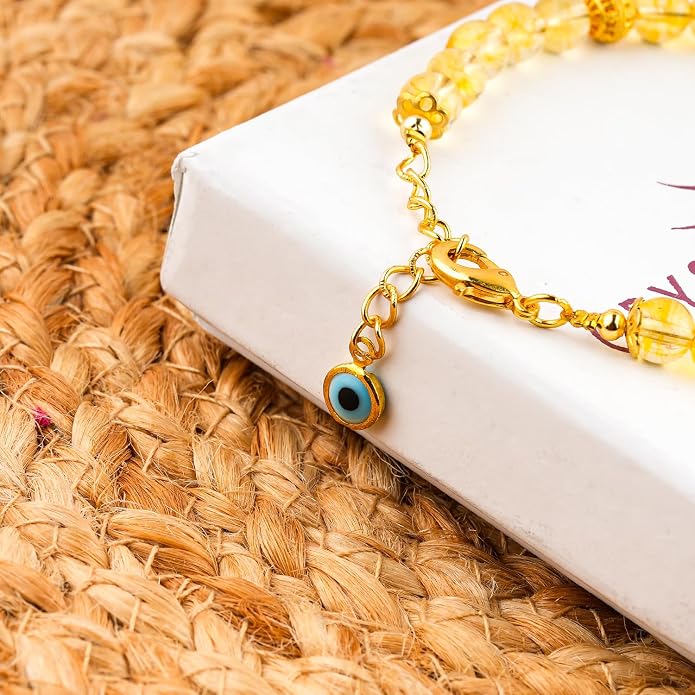 AAA Grade Natural Gemstone Beaded Bracelet, 14K Gold Plated with Evil Charm, Wicca & Reiki Healing Crystals, Handmade Bohemian Jewelry, Christmas Gift for Women (7+1inch)
