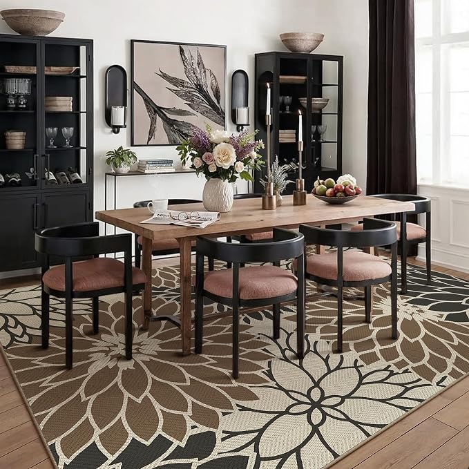 HUGEAR 6'x9' Waterproof Floral Outdoor Rug Patio Linen-Look Black Brown Floor Mat for Camping RV Outside Area Rug Deck Porch Balcony Backyard Picnic Beach Carpet Decor