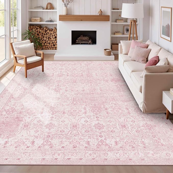 Rugxara Pink 8x10 Area Rugs for Living Room Bedroom Large Washable Rug | Non Slip, Rug for Dining Girls Room Office, Stain Resistant, Soft, Low Pile, Vintage Boho Retro Carpet, Washable,Home Decor