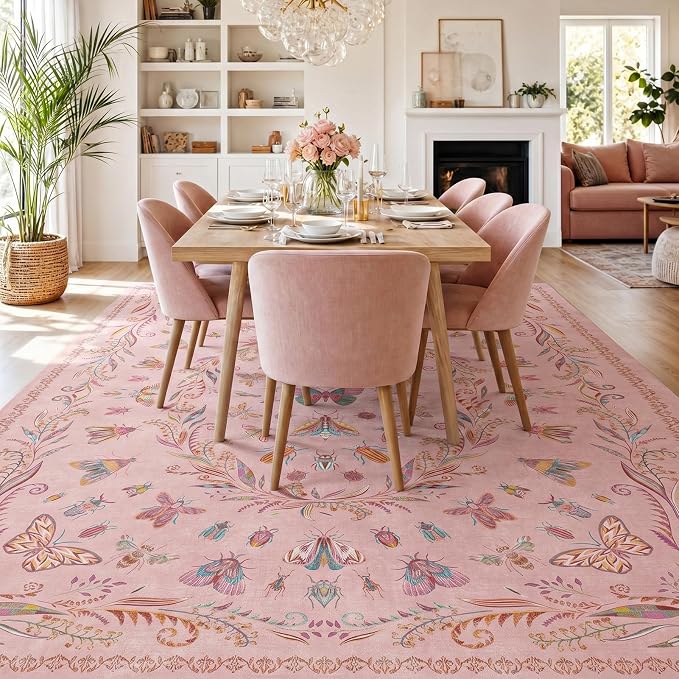 Lunasun Floral Pink Rugs for Bedroom Girls 6x9 - Insect Print Cute Girly Rug for Living Room, Dining Room Under Kitchen Table, Washable Low Pile Vintage Bug Art Nouveau Home Decor
