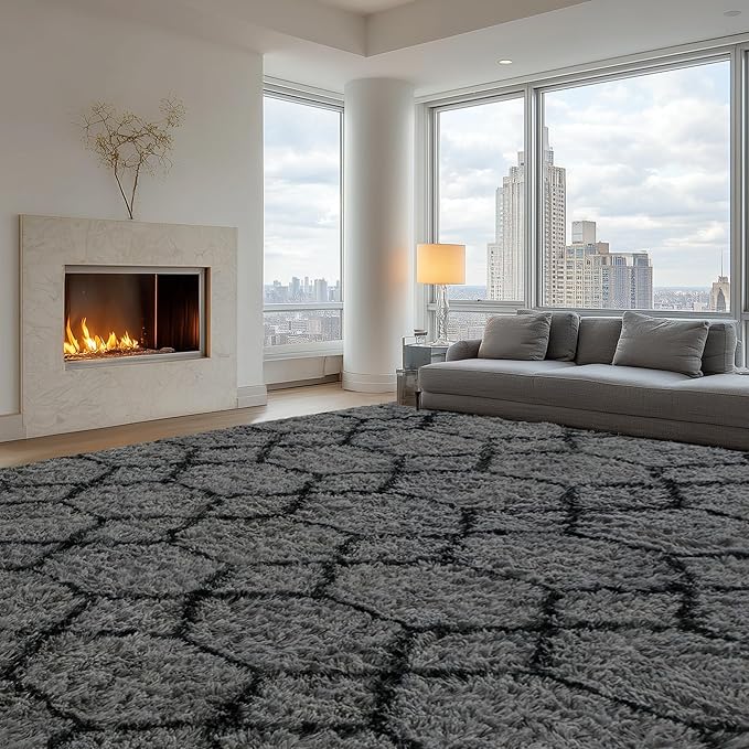 Fluffy Rug for Living Room, Soft Modern 8x10 Grey and Black Shag Area Rugs | Non Slip Grey Carpet for Bedroom, Home Decor Aesthetic, Washable Large Fuzzy Plush Floor Mat for Nursery Teen Dorm