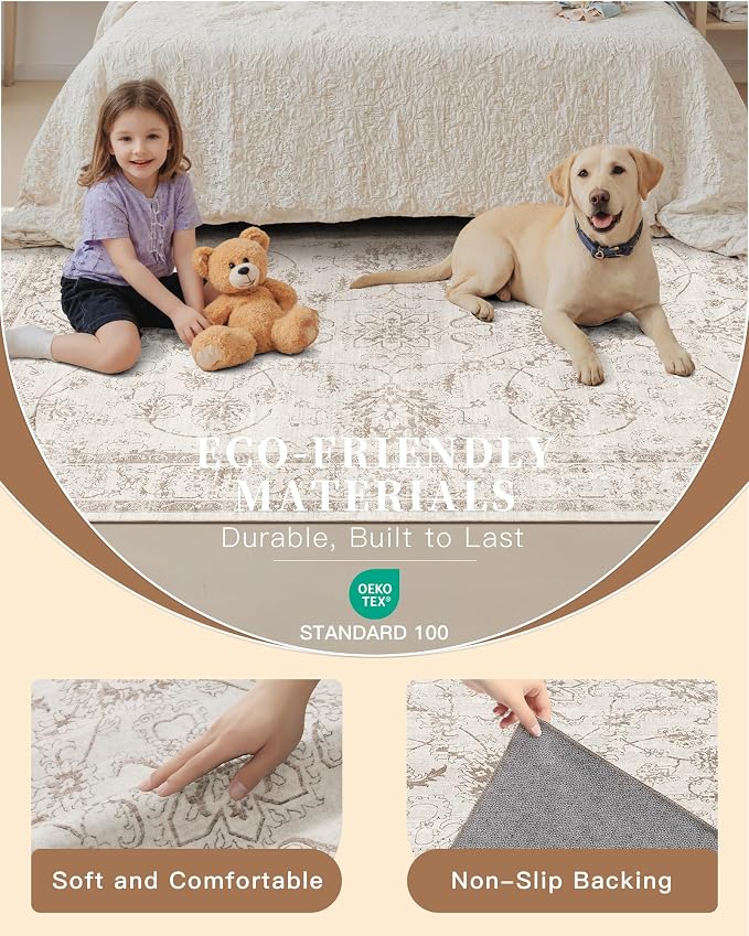 Madane Runner Rug 2x10 for Hallway, Kitchen Non-Slip Runner Rug with Rubber Backing, Vintage Soft Low Pile Throw Neutral Carpet Runner for Laundry Room Entryway Bathroom Bedroom (2 x 10, Brown/Ivory)