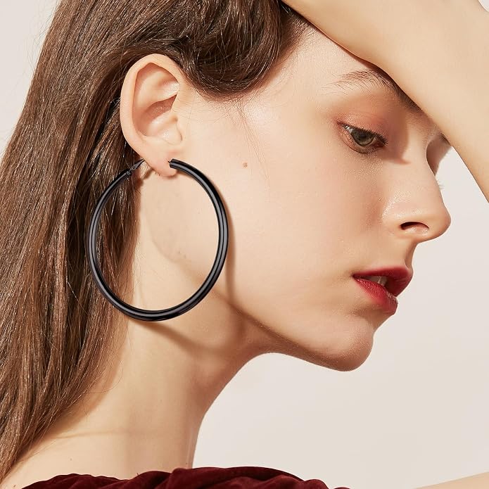 Stainless Steel Chunky Hoop Earrings For Women, Minimalist and Chic, Black/Gold Plated, Round Hoops Earrings Hypoallergenic, Size: 30mm/40mm/60mm/80mm, Come with Box