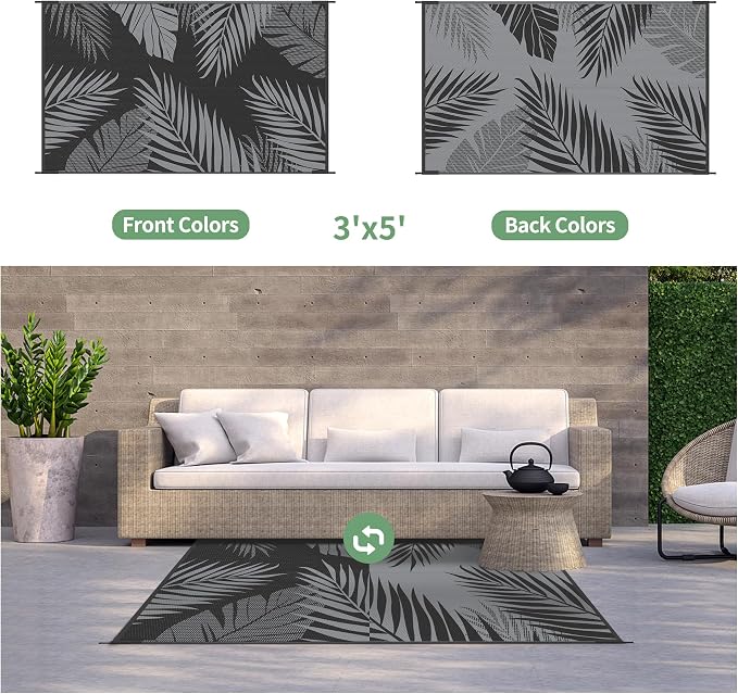 GENIMO Outdoor Rug 3'x5' Waterproof for Porch, Plastic Door Mat Black Grey | Outside Leaf Carpet for Patio Decor, Balcony, Deck, Backyard, Picnic, Camping, RV, Reversible, Foldable, Lightweight