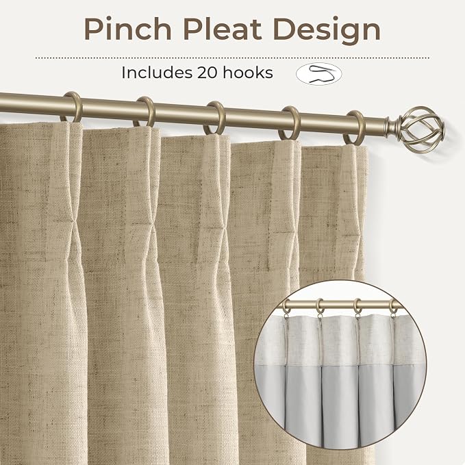CAPALOCA Oatmeal Linen Pinch Pleated Curtains Blackout, 100% Black Out Curtains 102 inch Long for Bedroom, Blackout Thermal Insulated Pinch Pleated Drapes for Living Room, 40" W x 102" L, 2 Panels Set