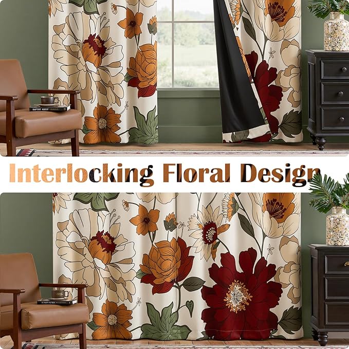 jinchan Beige Boho Floral Blackout Curtains 108 Inch Grommet 2 Panels | Room darkening, Vintage, living room, bedroom, privacy, floral print, flower pattern, fall decor, window treatments