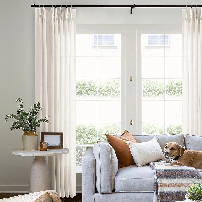 100 Inch Extra Long Pinch Pleated Linen Curtains Privacy Semi Sheer | Cream Ivory, Memory Trained, Custom Drapes, Neutral Elegant, Track Curtains, for Living Room Dining, Back Tab, 1 Panel