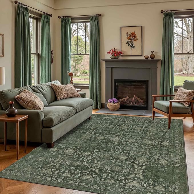 Rugxara Green 8x10 Area Rugs for Living Room Bedroom Large Washable Rug | Non Slip, Rug for Dining Room Bedroom Office Kids Room, Stain Resistant, Soft, Low Pile, Vintage Boho Retro Carpet,Home Decor