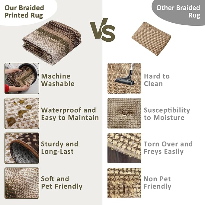 RUGSREAL Hallway Runner Rug 2x6 Braided Area Rug Machine Washable Kitchen Rug Farmhouse Runner Carpet Non Slip Stain Resistant Rustic Runner Modern Printed Carpet for Living Room Bedroom, Moss/Brown